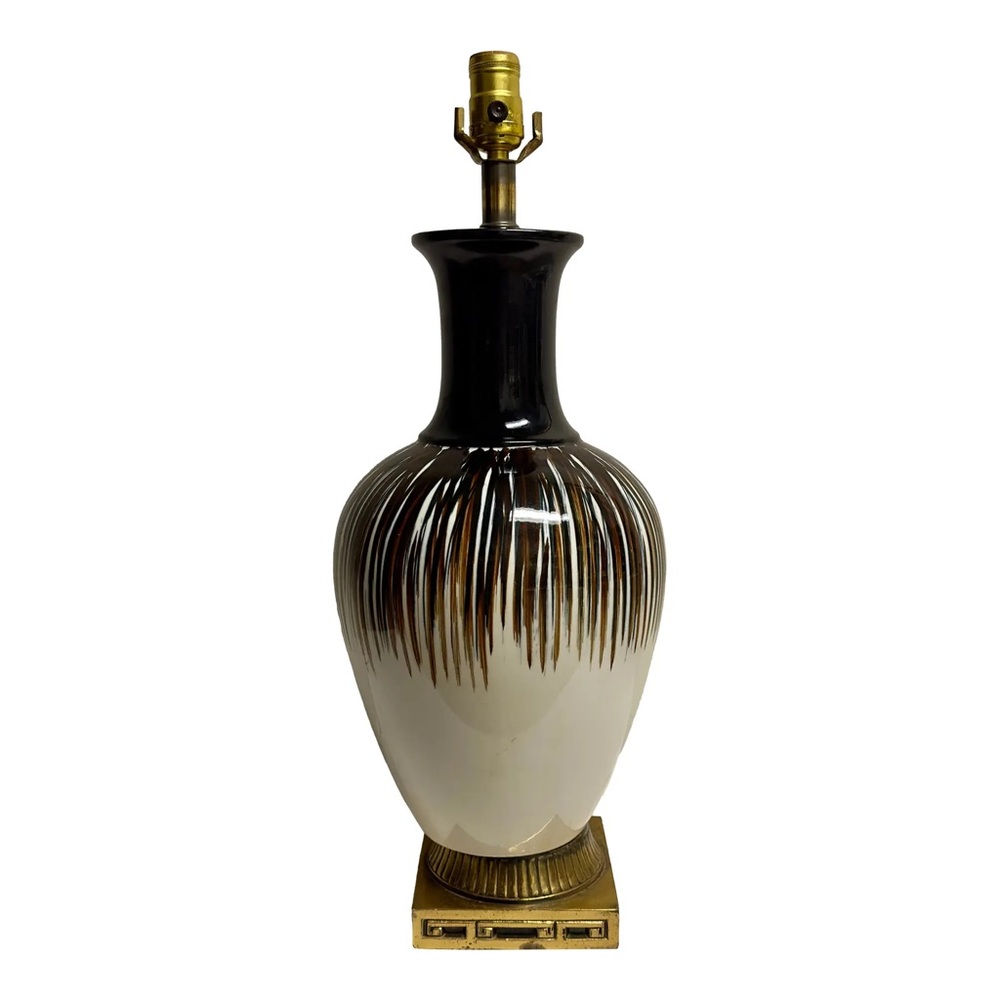 50s Era Asian Modern Black, Brown and Off White Stripe Ceramic Table Lamp